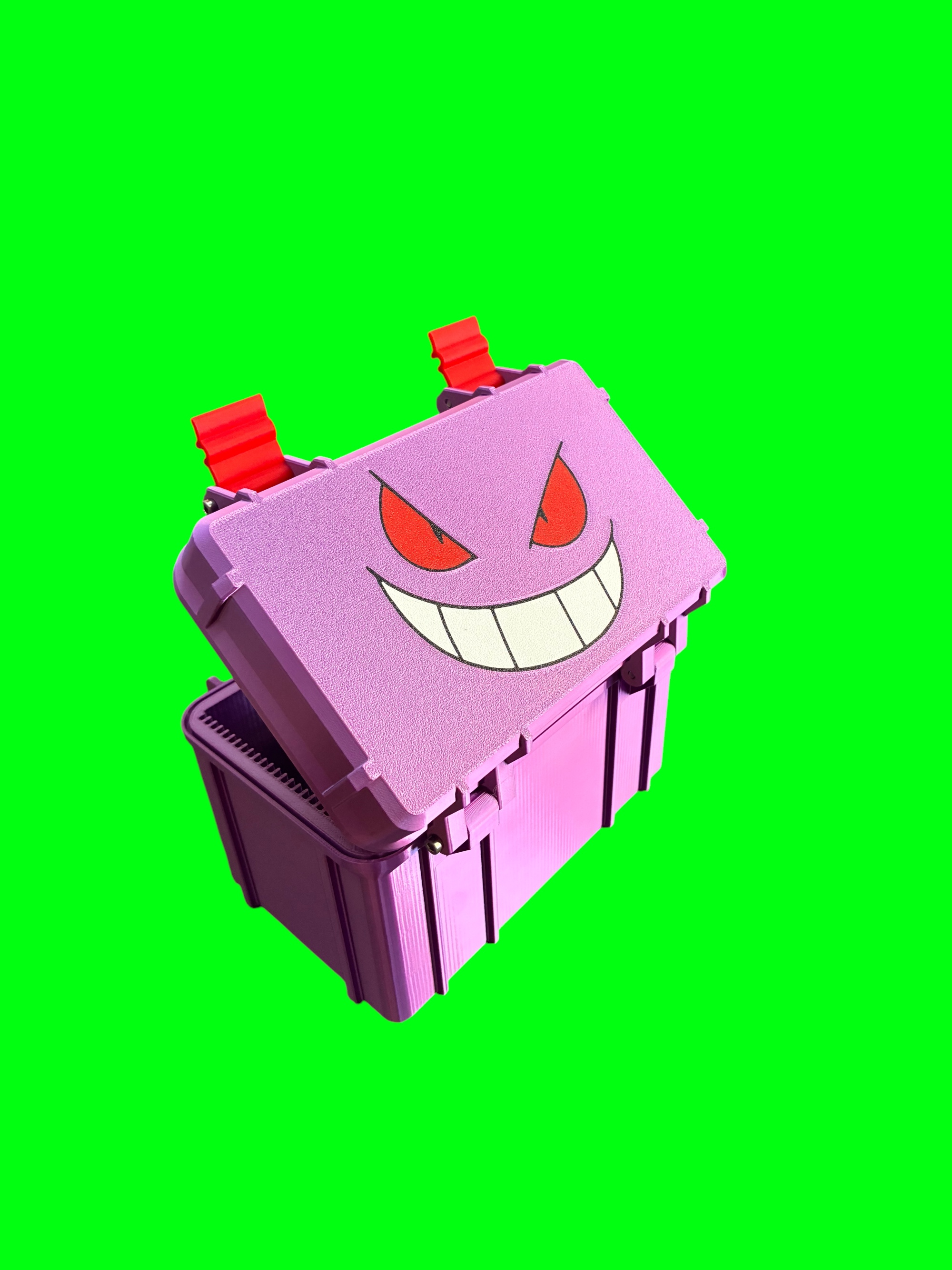Shiny purple rugged toploader deck box with red latches and Gengar lid art, 3D printed by Black Portal Athens