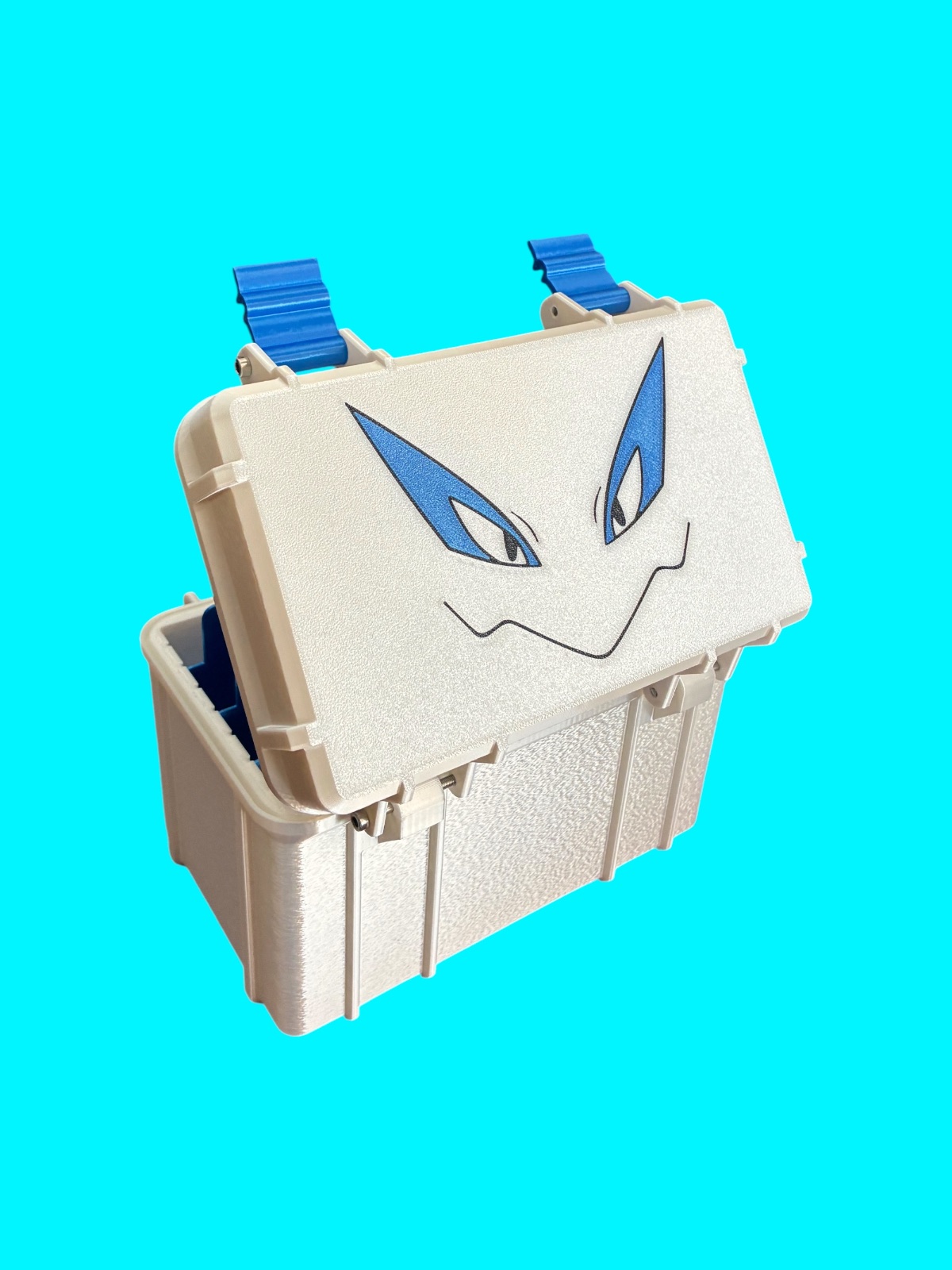 White and silver 3D-printed deck box with blue latches and a Lugia face printed on the lid